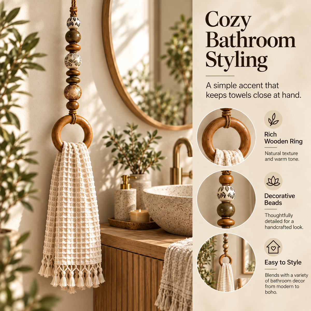 🔥😍Beaded Wooden Towel Holder – Rustic Boho Home Decor