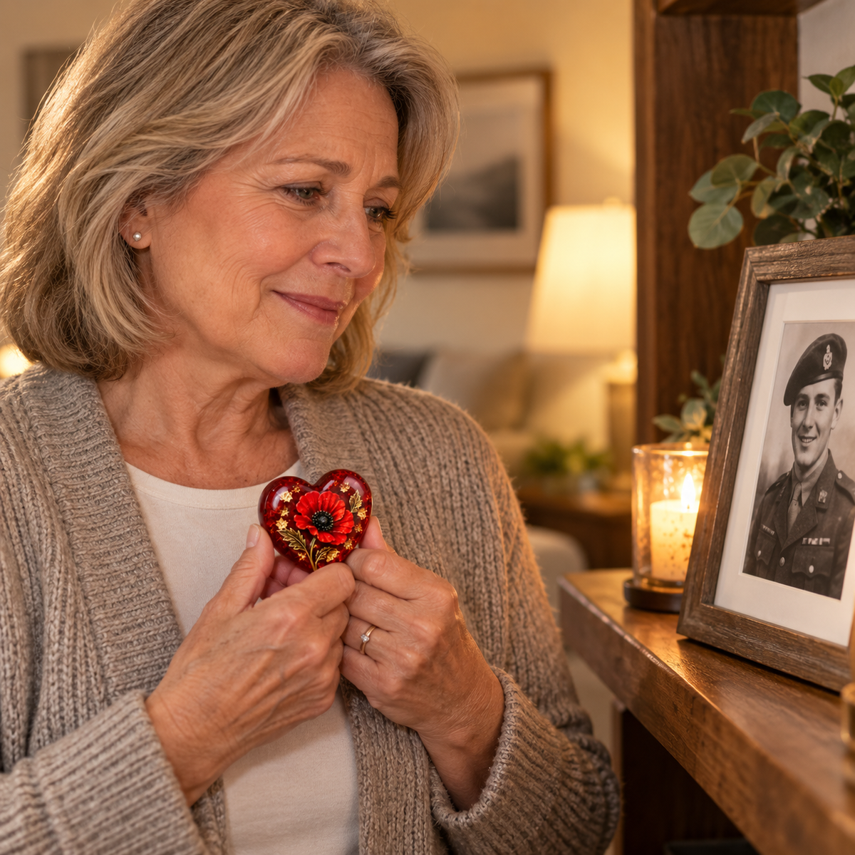 Woman holding a red poppy pocket heart beside a treasured service photograph