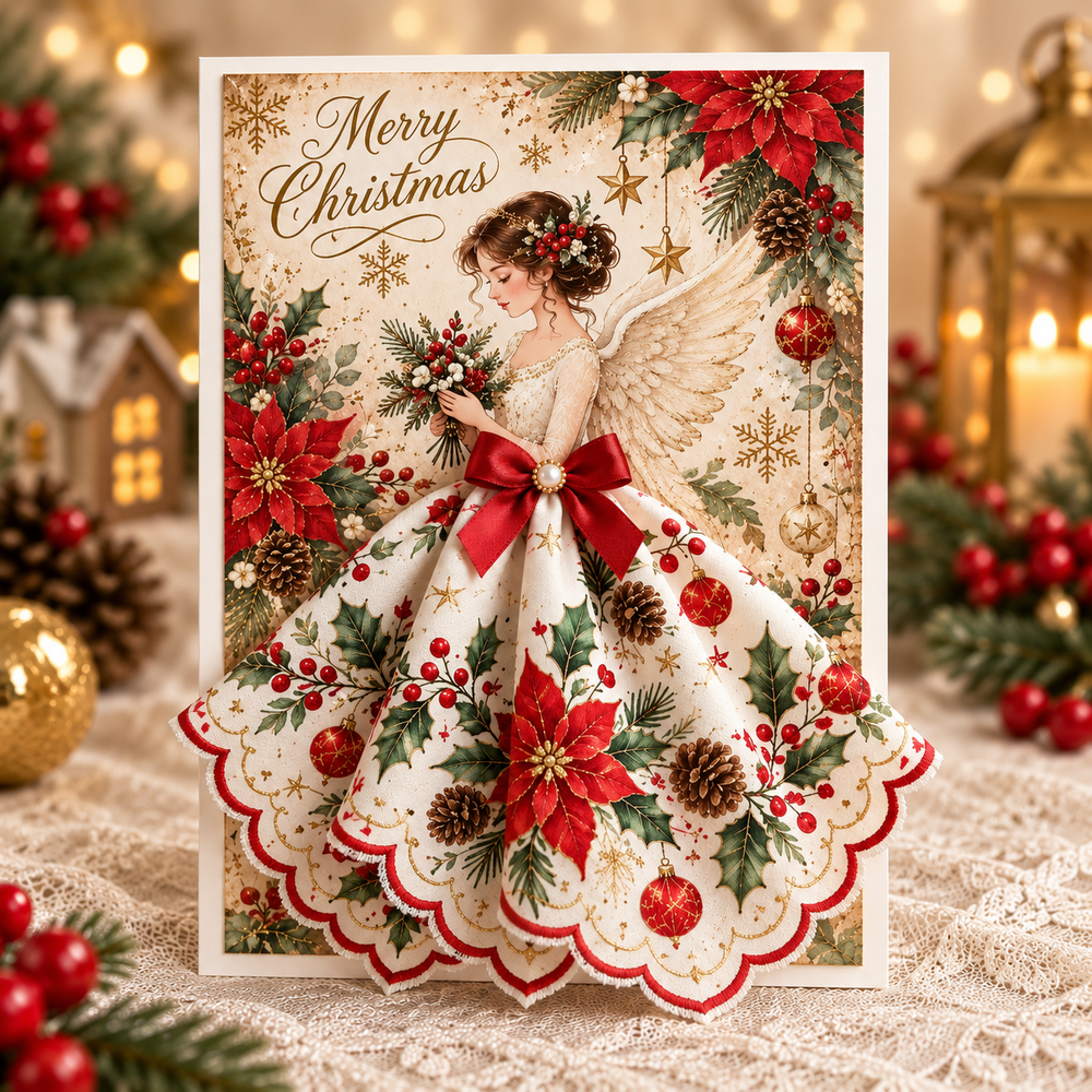 Poinsettia Christmas angel card with red flowers, holly, pinecones and a dimensional skirt