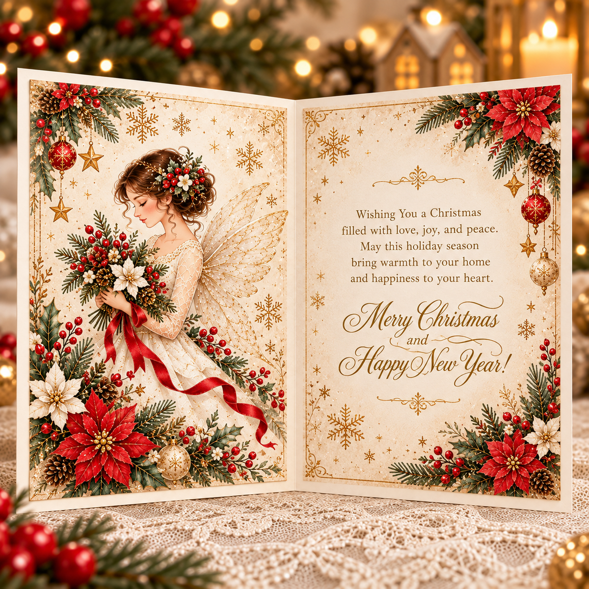 Open Christmas angel greeting card showing the illustrated interior and printed holiday message
