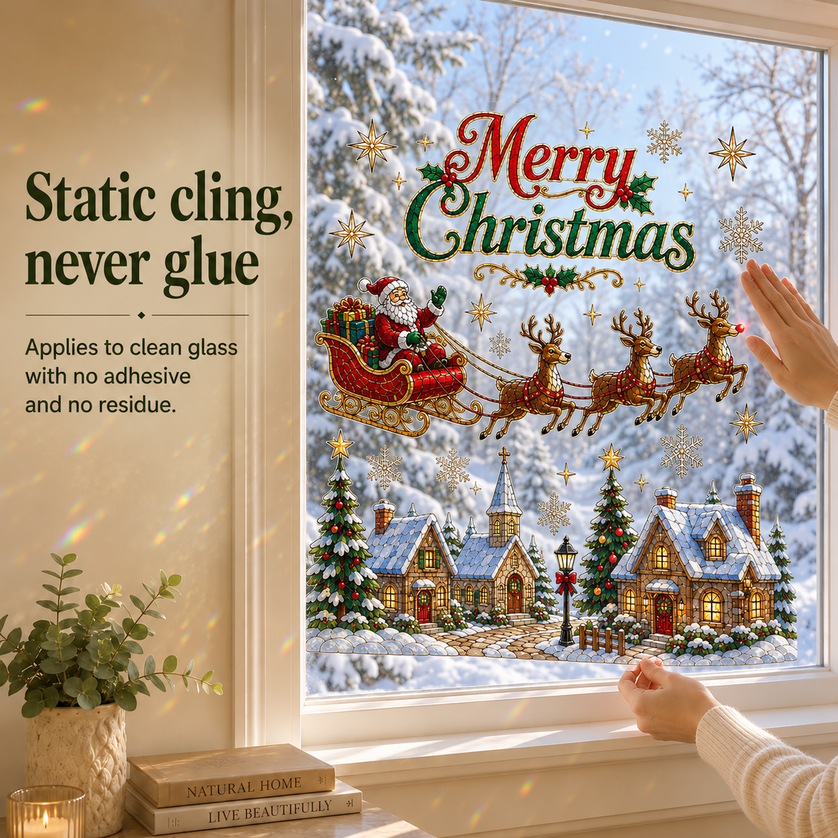 Hands applying the Santa static-cling window design to clean glass