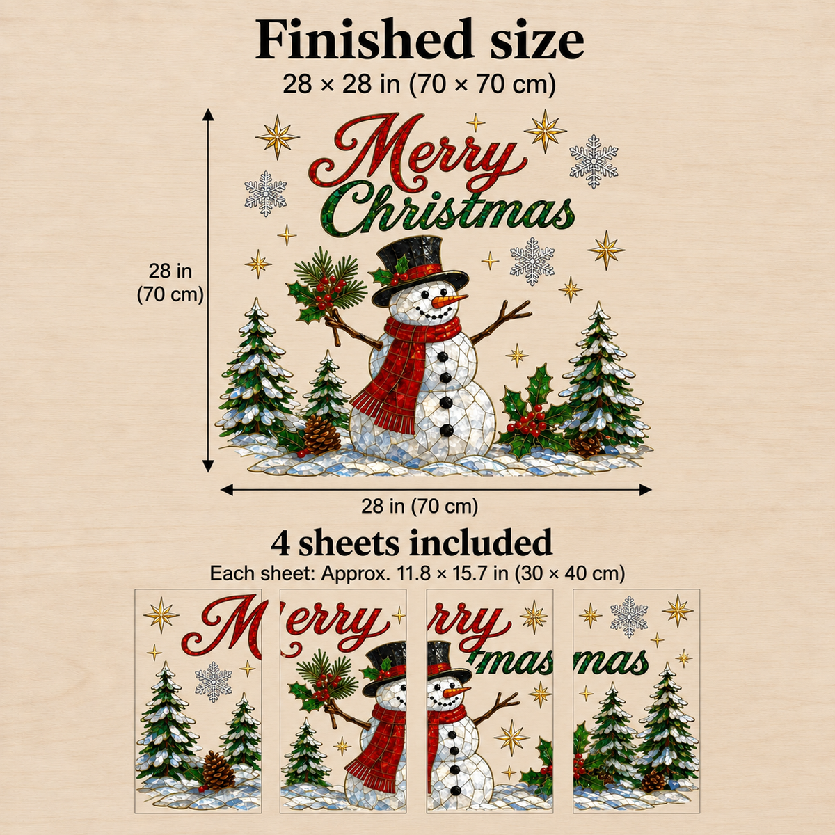 Snowman size guide: approximately 28 by 28 inches, supplied on four sheets