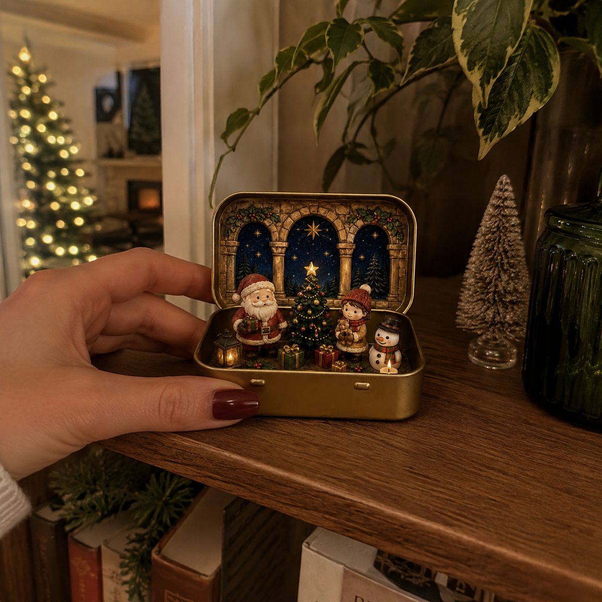 Hand holding miniature Christmas tin