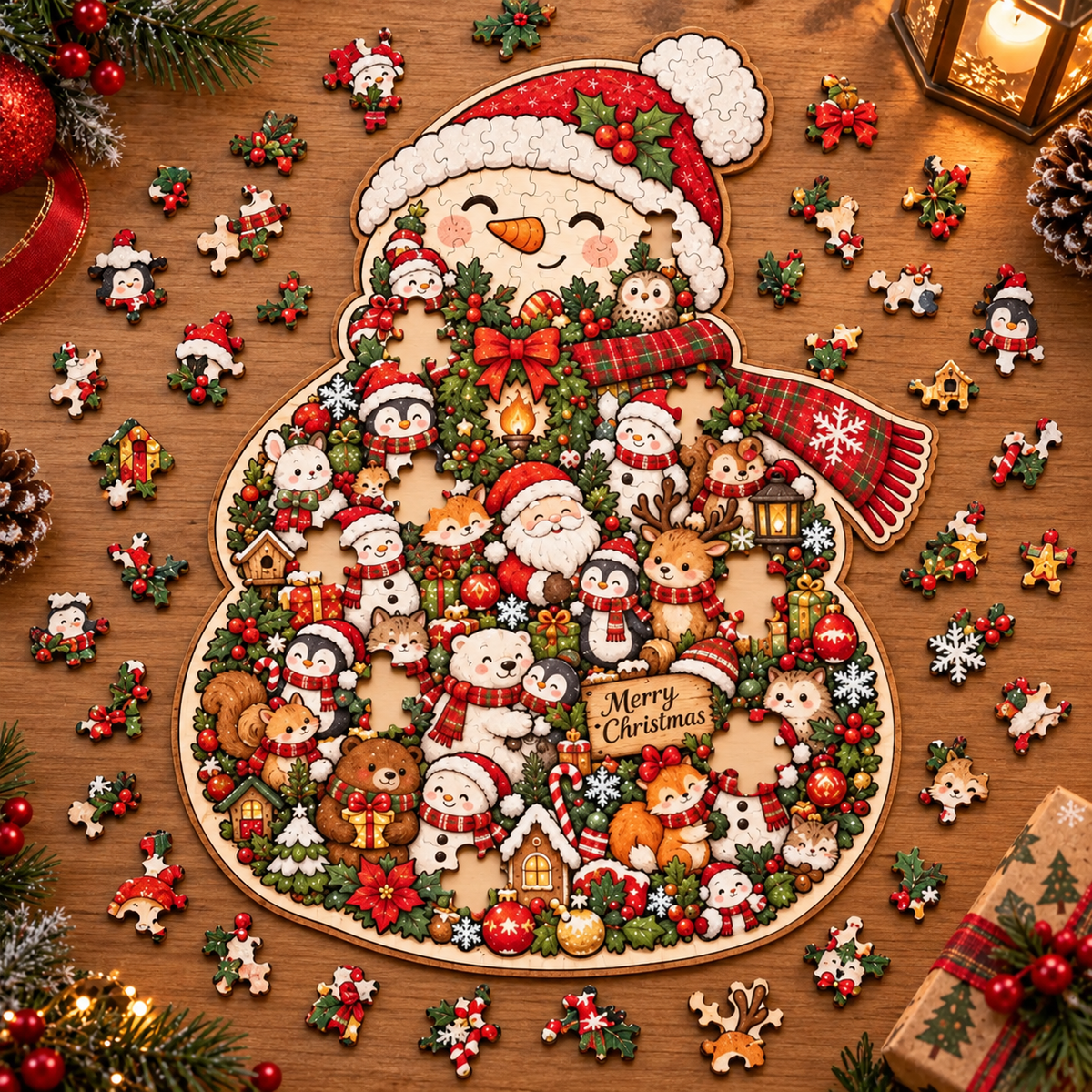 Snowman shaped Christmas keepsake puzzle on a wooden table surrounded by festive puzzle pieces