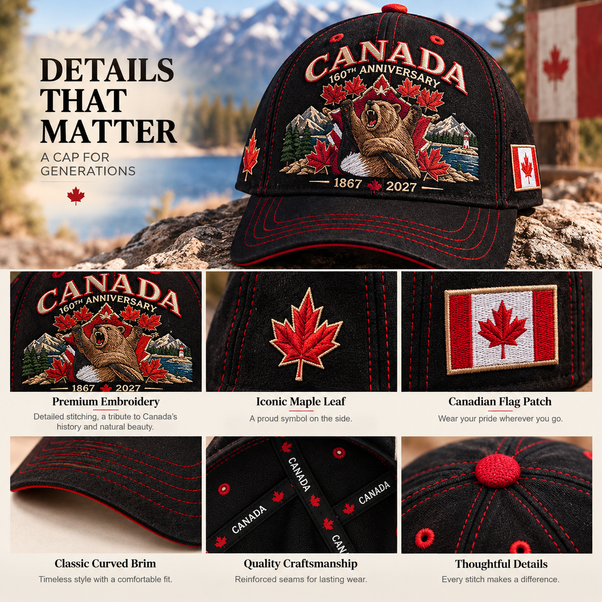 🔥😍Canada 160th Anniversary 1867–2027 – Heritage Embroidered Cap🍁