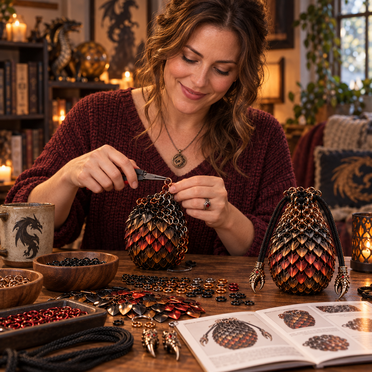 Woman crafting chainmail pouch