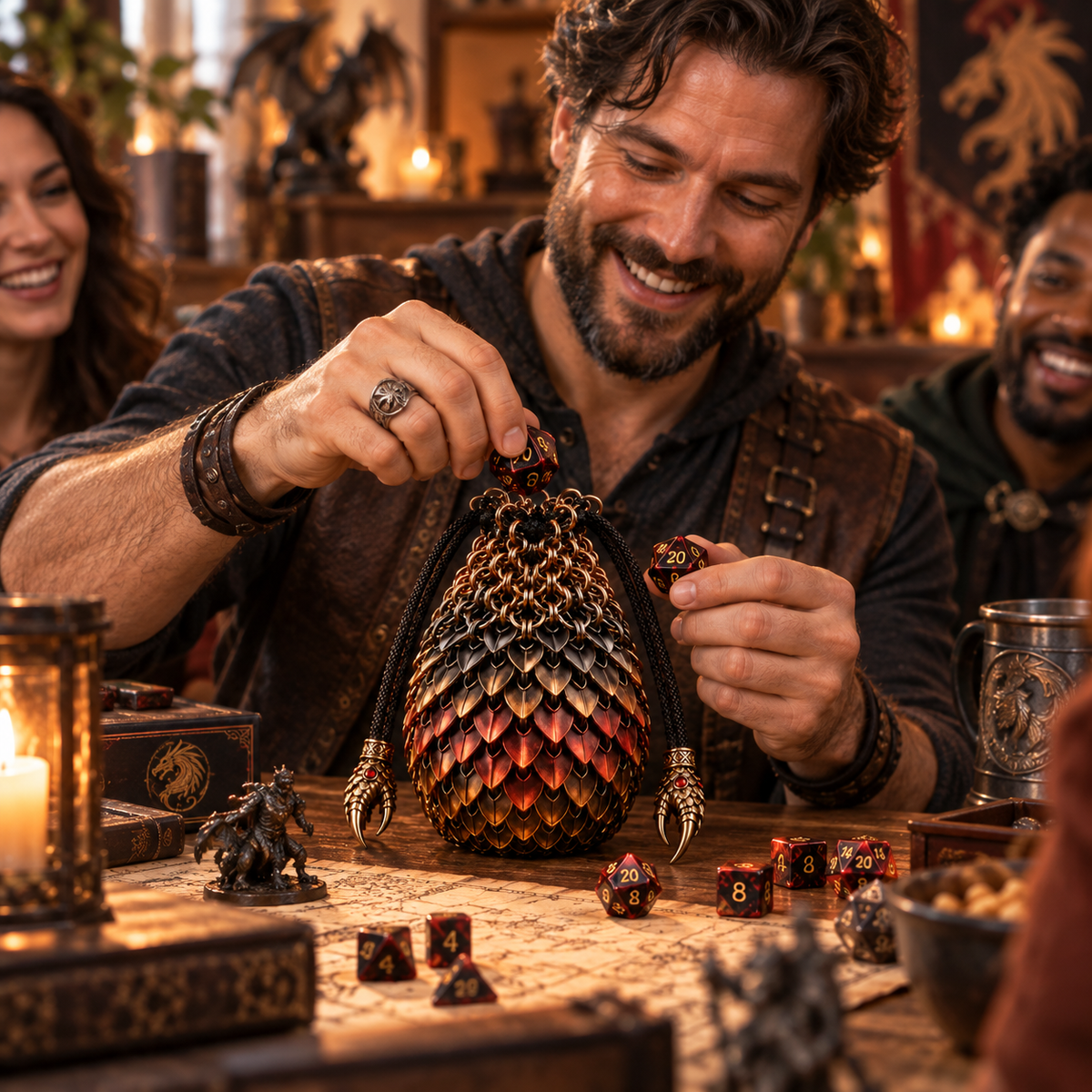 Man using Dragonkeeper pouch during game night