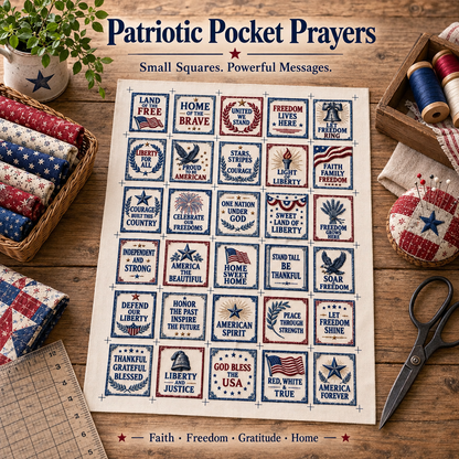 🇺🇸 Patriotic Pocket Prayers Fabric Panel – 30 Inspirational Americana Sewing Squares