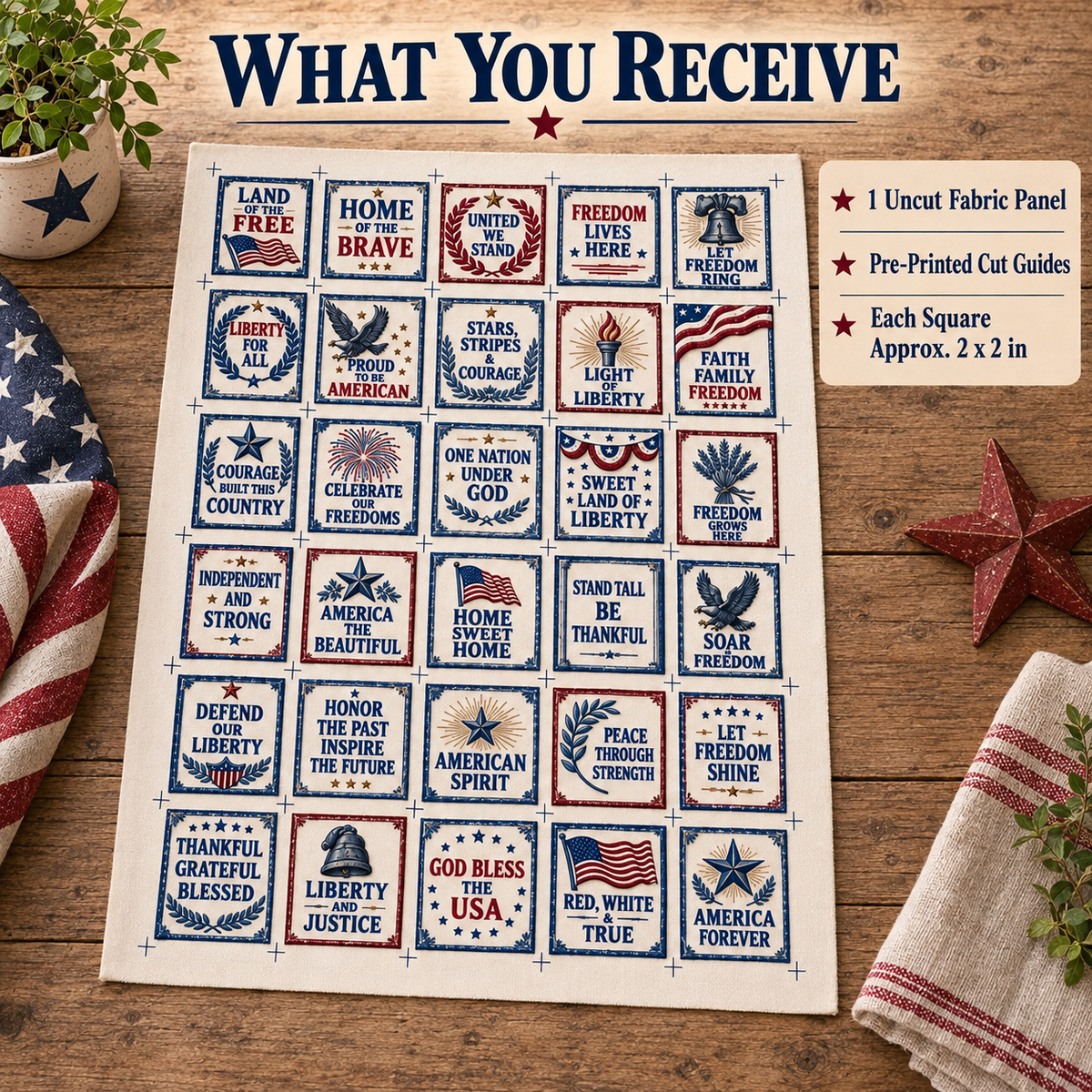 🇺🇸 Patriotic Pocket Prayers Fabric Panel – 30 Inspirational Americana Sewing Squares
