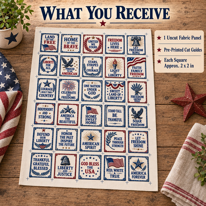 🇺🇸 Patriotic Pocket Prayers Fabric Panel – 30 Inspirational Americana Sewing Squares