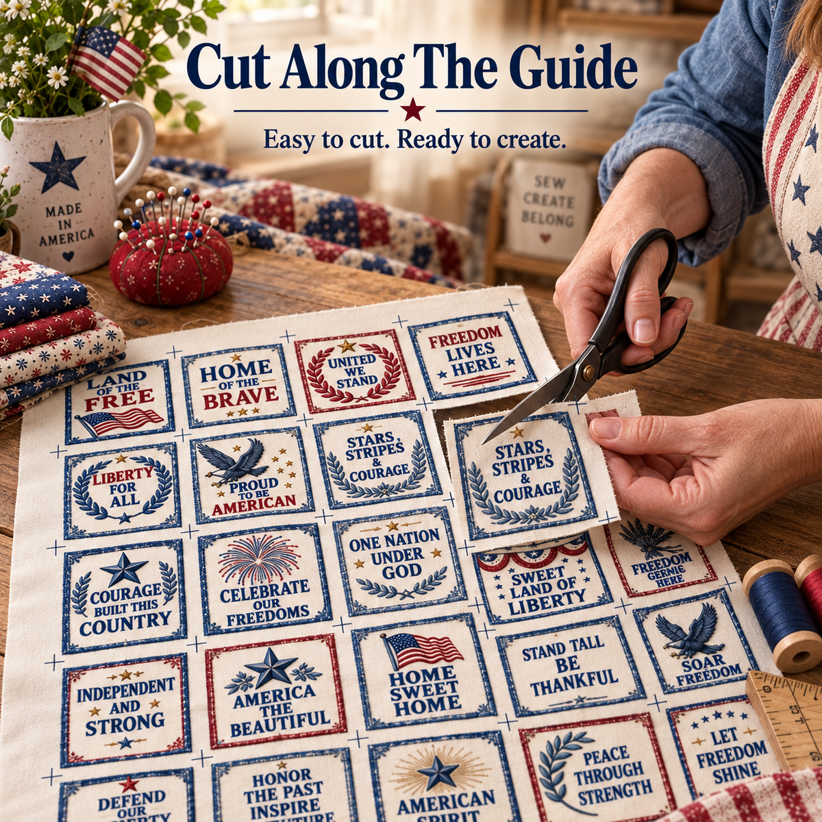 🇺🇸 Patriotic Pocket Prayers Fabric Panel – 30 Inspirational Americana Sewing Squares