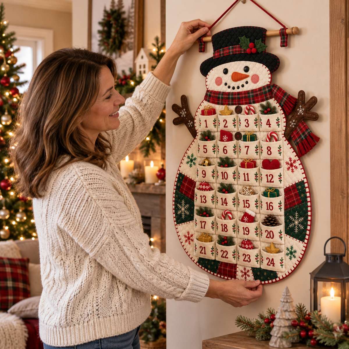 Woman hanging a handmade Snowman Christmas Advent Calendar