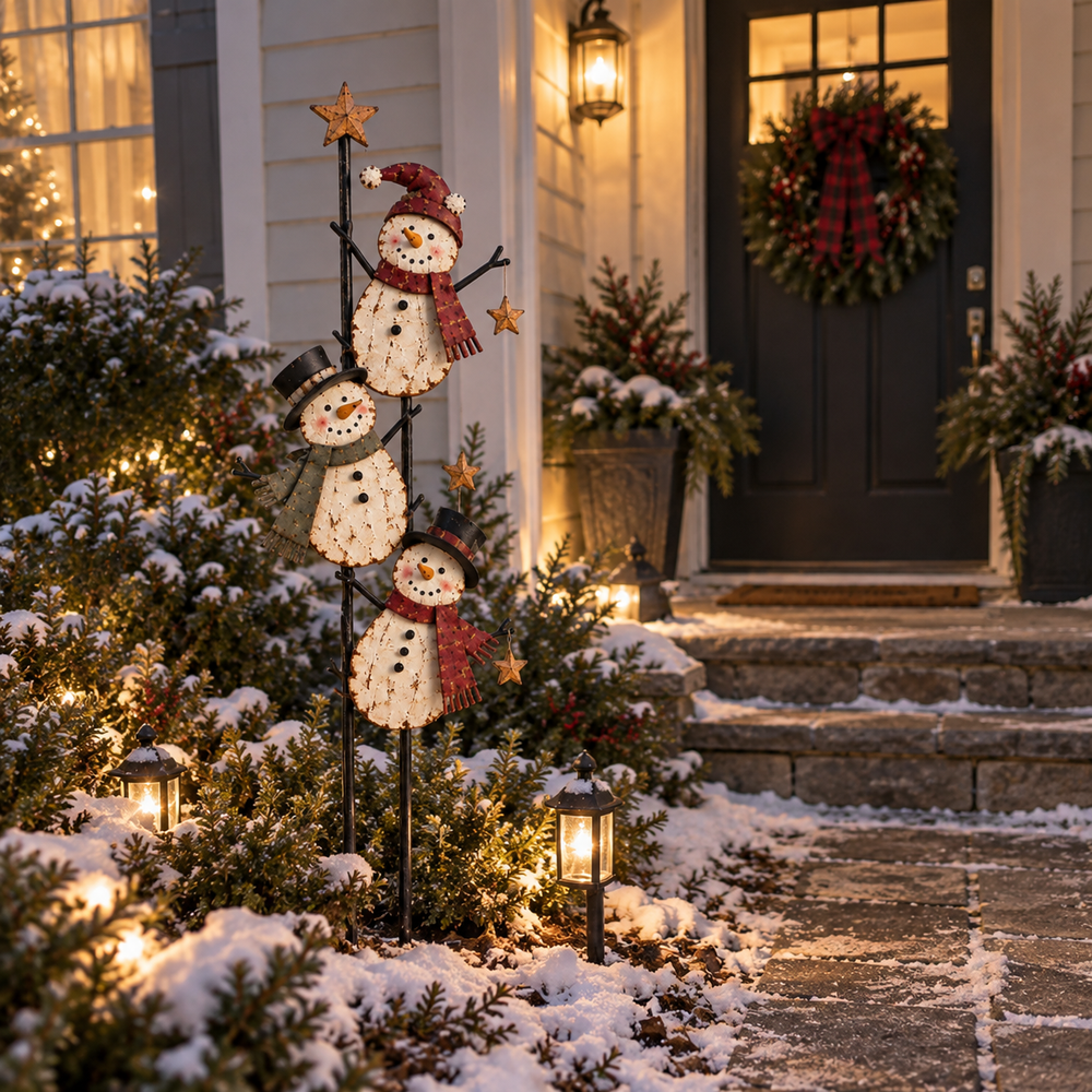 Snowman garden stake glowing in a Christmas front yard