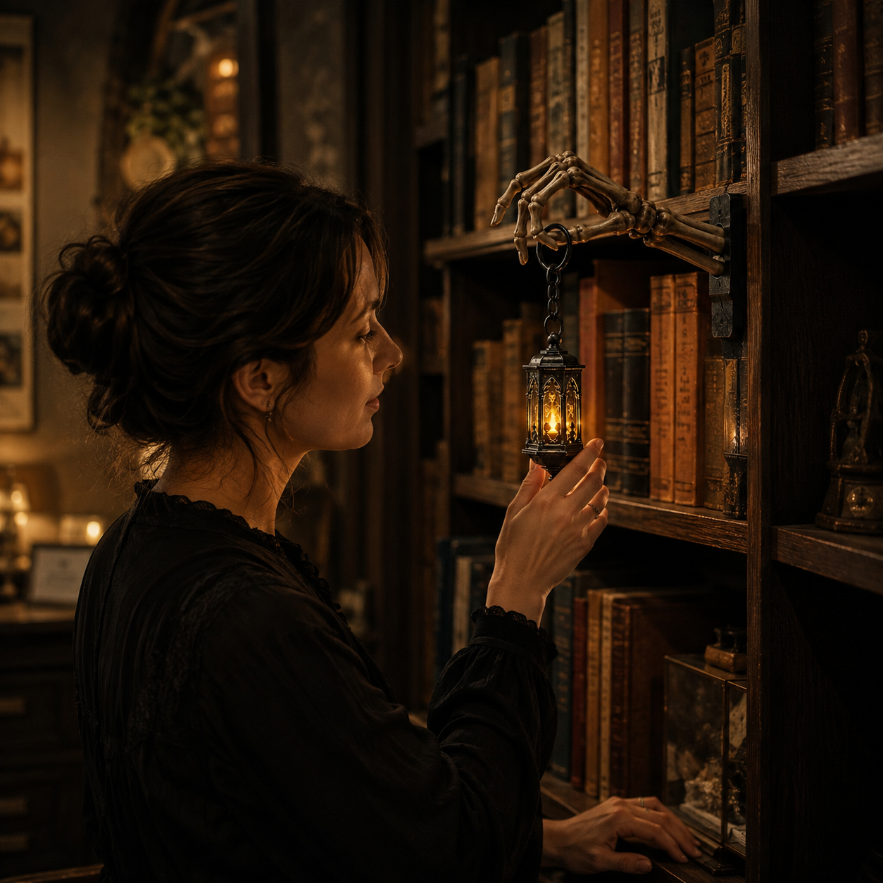 ⏳ Last Day 49% OFF – 💀Skeleton Hand Lantern – Gothic Warm Glow Bookshelf Décor