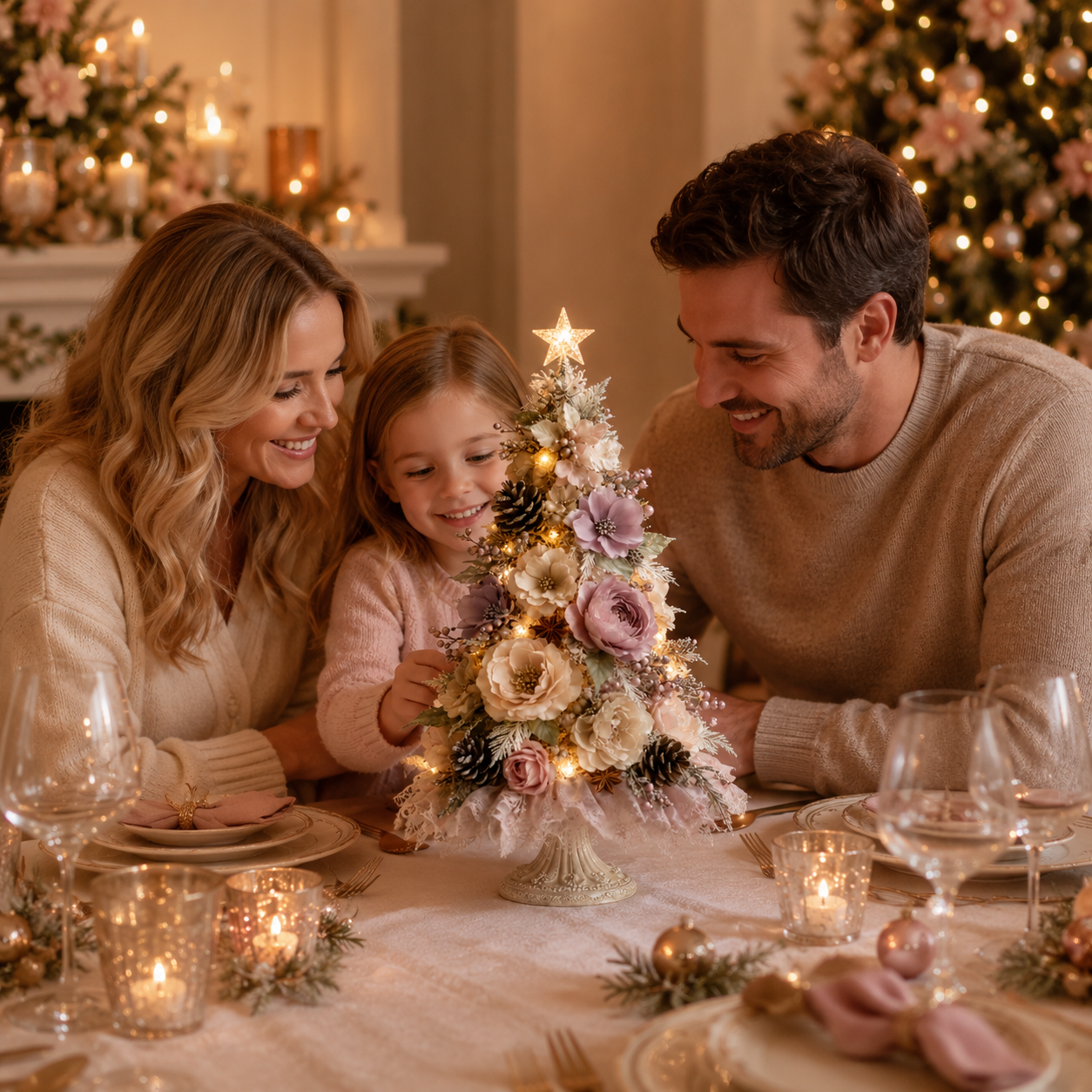 Family enjoying floral Christmas tree