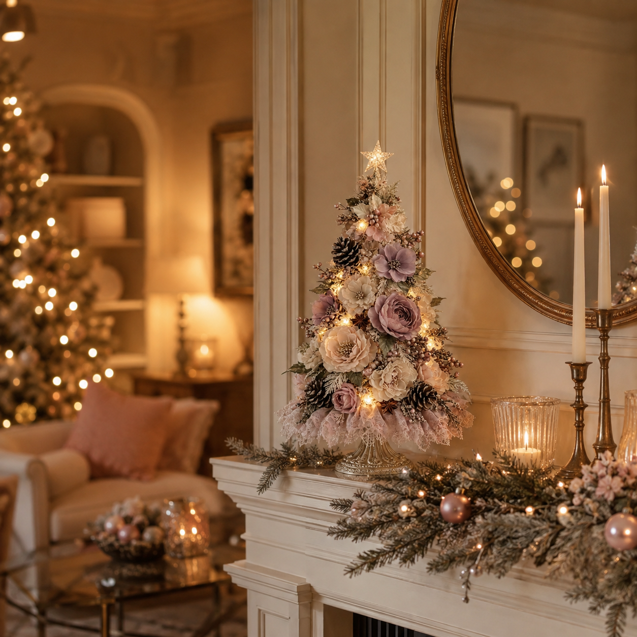 Floral Christmas tree displayed on mantel