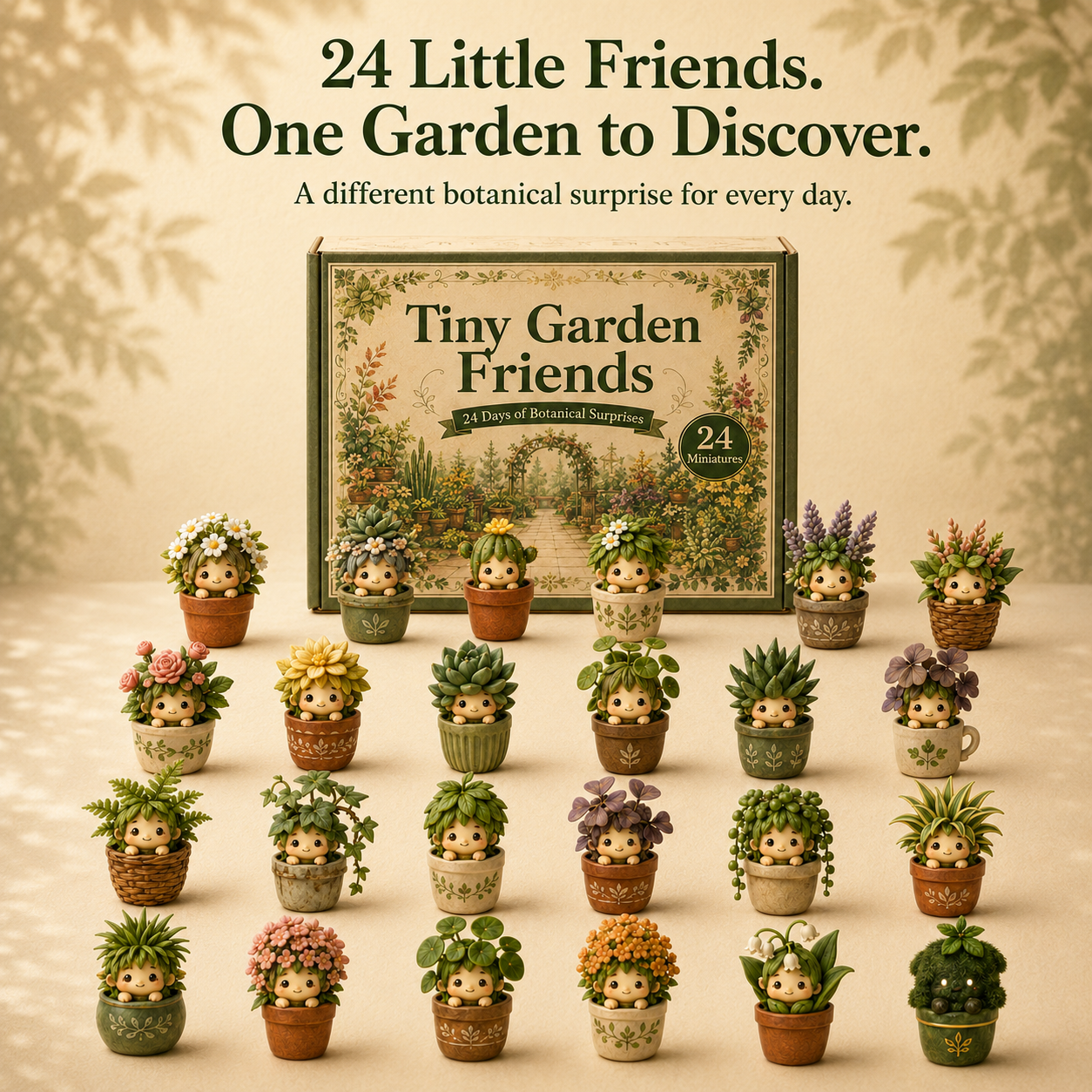 Twenty-four Tiny Garden Friends displayed with the illustrated box