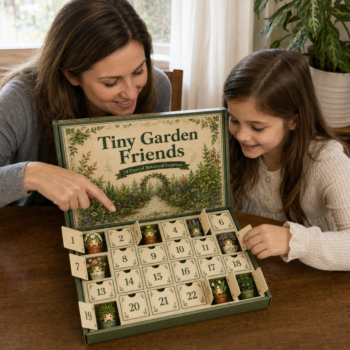A mother and daughter opening the Tiny Garden Friends calendar together