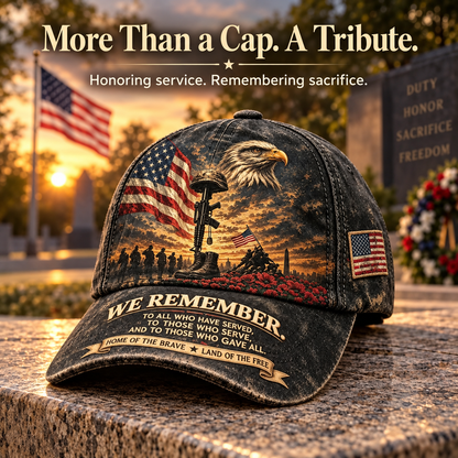 🦅 'We Remember' Vintage Patriotic Cap – ✨Bald Eagle & Battlefield Cross Tribute Hat