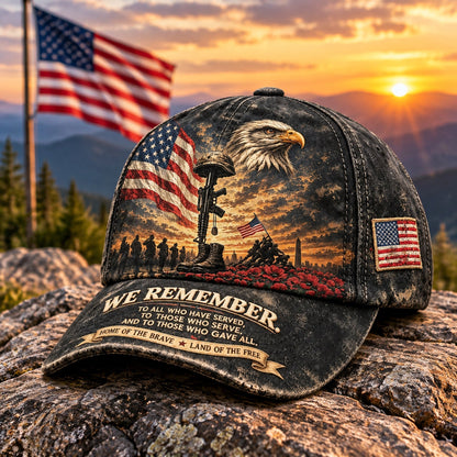 🦅 'We Remember' Vintage Patriotic Cap – ✨Bald Eagle & Battlefield Cross Tribute Hat