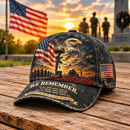 🦅 'We Remember' Vintage Patriotic Cap – ✨Bald Eagle & Battlefield Cross Tribute Hat