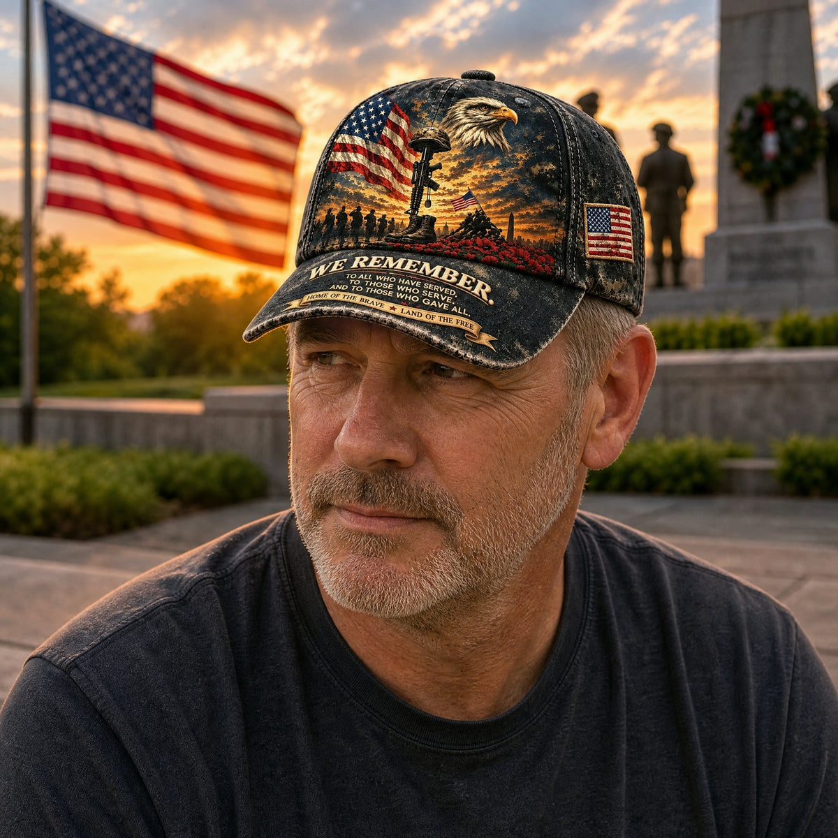 🦅 'We Remember' Vintage Patriotic Cap – ✨Bald Eagle & Battlefield Cross Tribute Hat