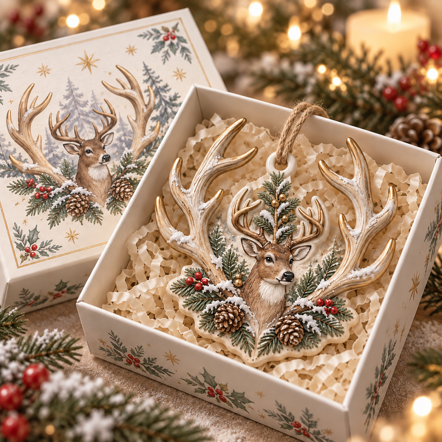 Woodland deer antler ornament in a holiday gift box