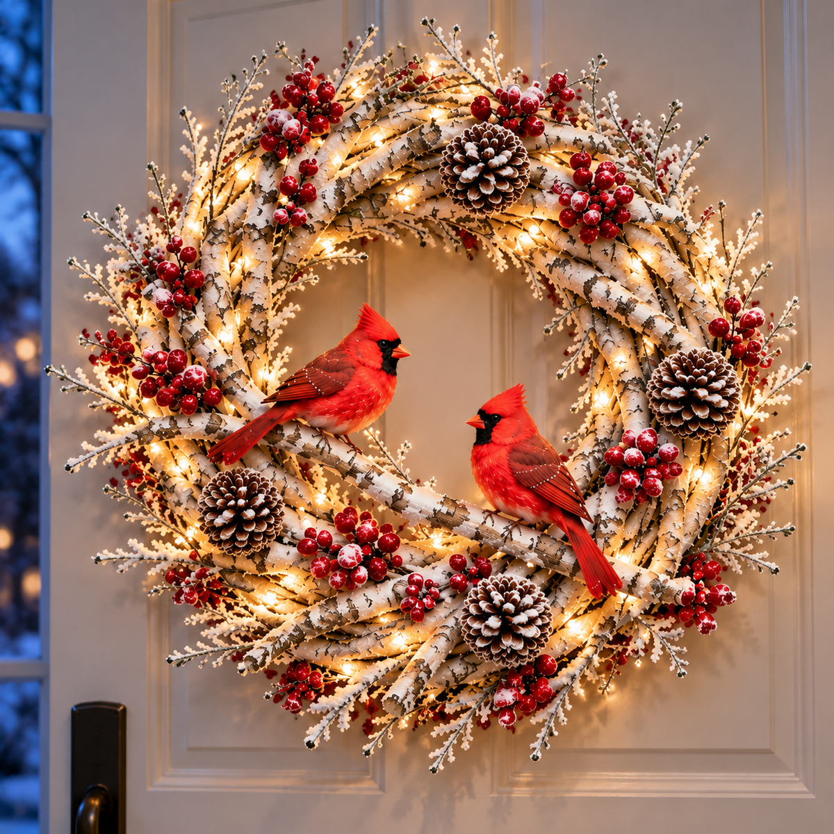 Lighted snow-covered birch wreath with two red cardinals