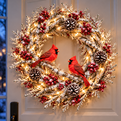 🔥❤️Frosted Woodland Cardinal Wreath – Festive Illuminated Entryway Decor
