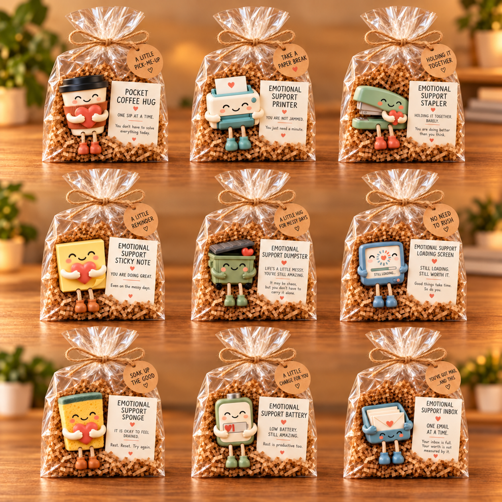 Nine encouraging desk companions in individual gift bags