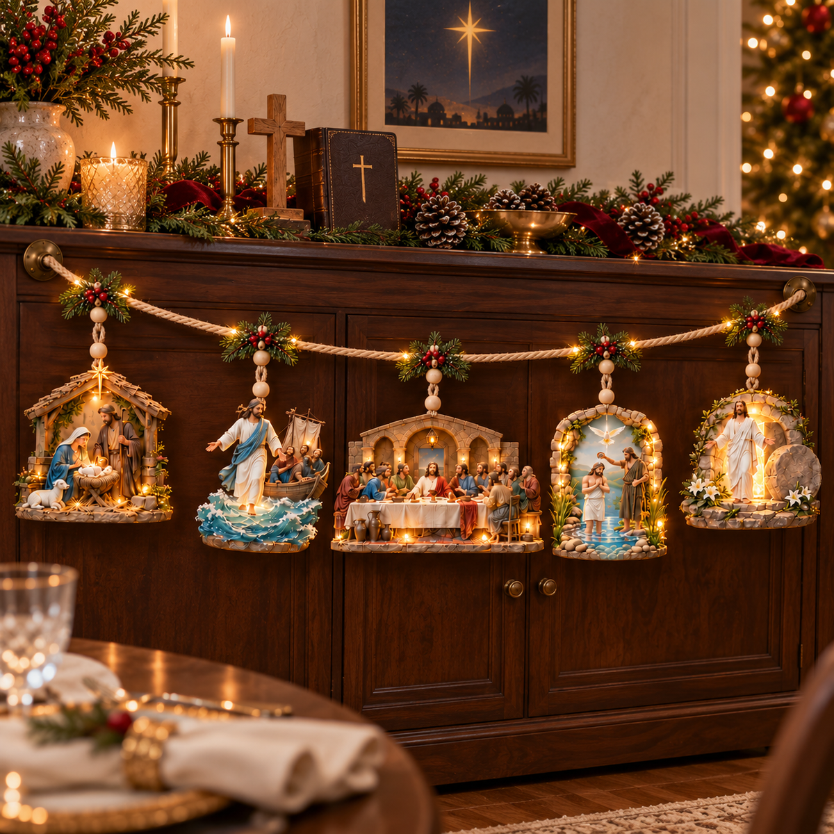 ✝️✨ The Story of Jesus – 5-Scene Lighted Christmas Mantel Garland 🎄