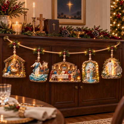 ✝️✨ The Story of Jesus – 5-Scene Lighted Christmas Mantel Garland 🎄