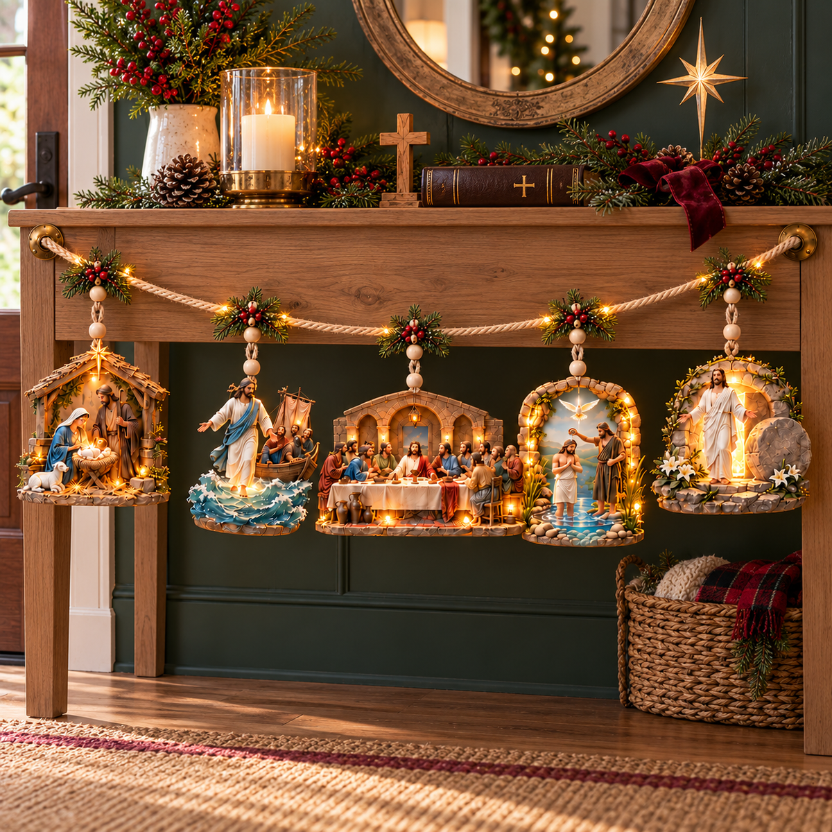 ✝️✨ The Story of Jesus – 5-Scene Lighted Christmas Mantel Garland 🎄