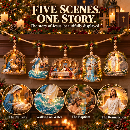 ✝️✨ The Story of Jesus – 5-Scene Lighted Christmas Mantel Garland 🎄