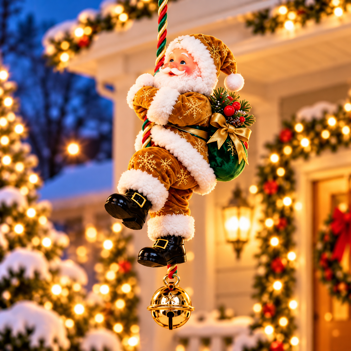 🎅🎄Santa’s Merry Little Climb – Festive Rope Christmas Decor with Gift Sack & Bell✨