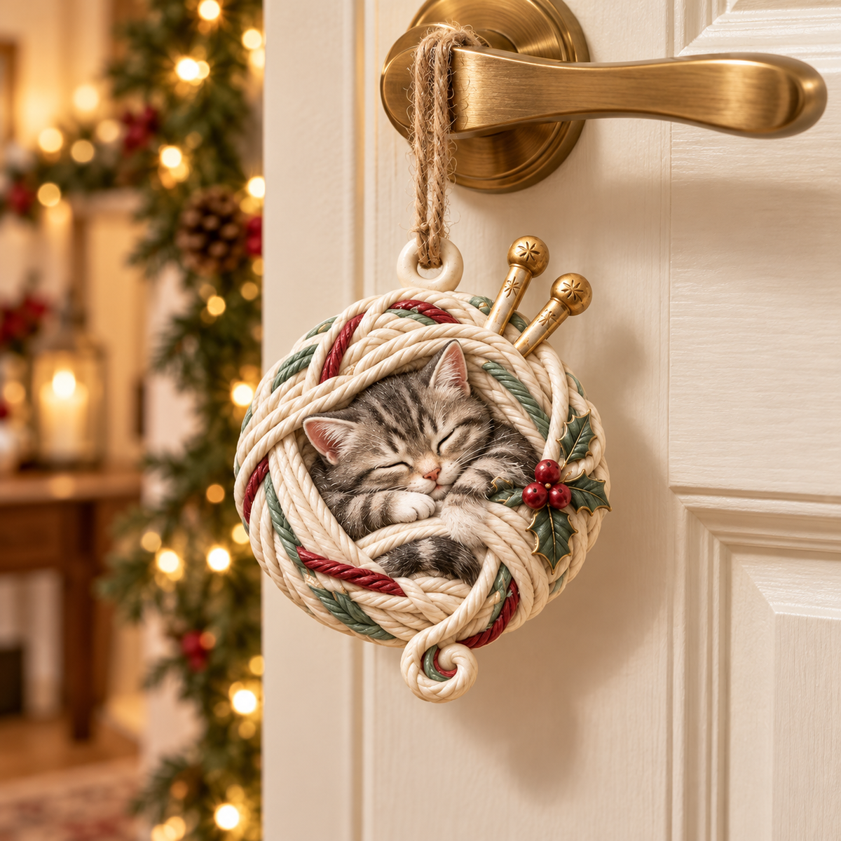 Cozy sleeping kitten ornament displayed on a door handle
