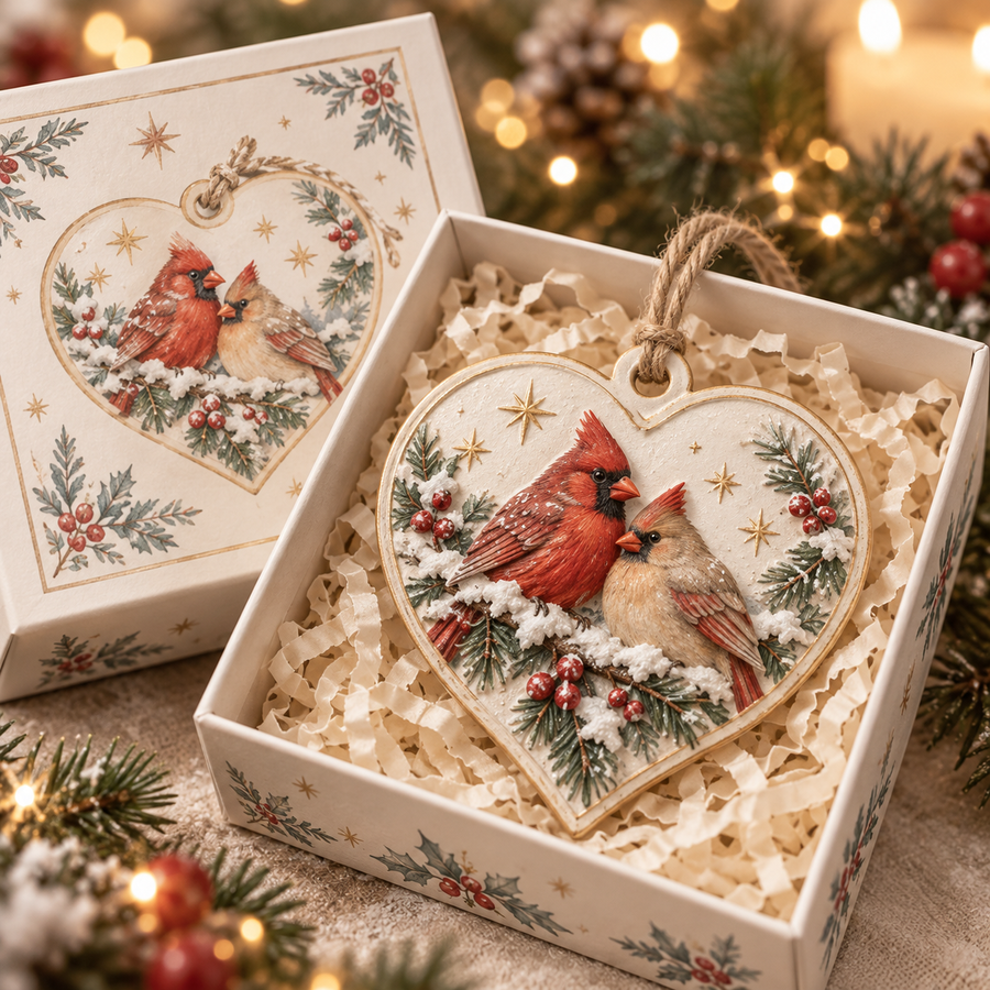 Heart-shaped cardinal ornament with two birds in its gift box