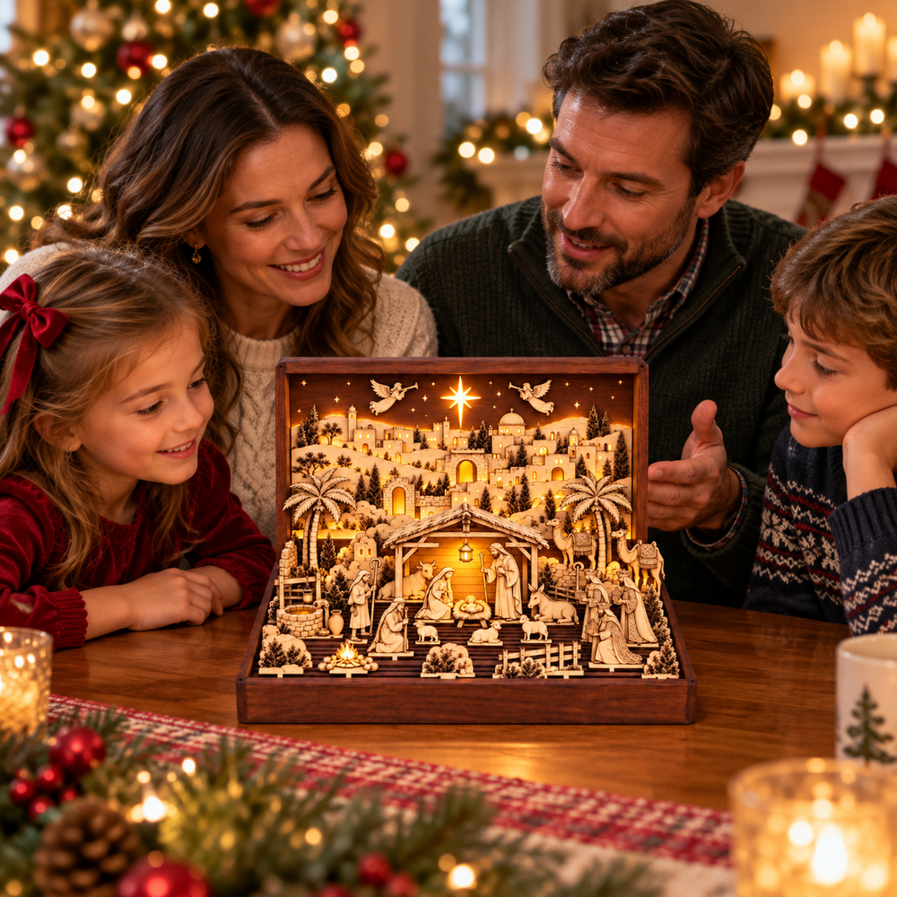 Parents and children gathered around an illuminated wooden Nativity scene