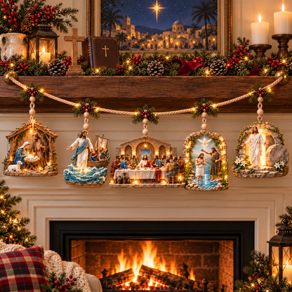 ✝️✨ The Story of Jesus – 5-Scene Lighted Christmas Mantel Garland 🎄