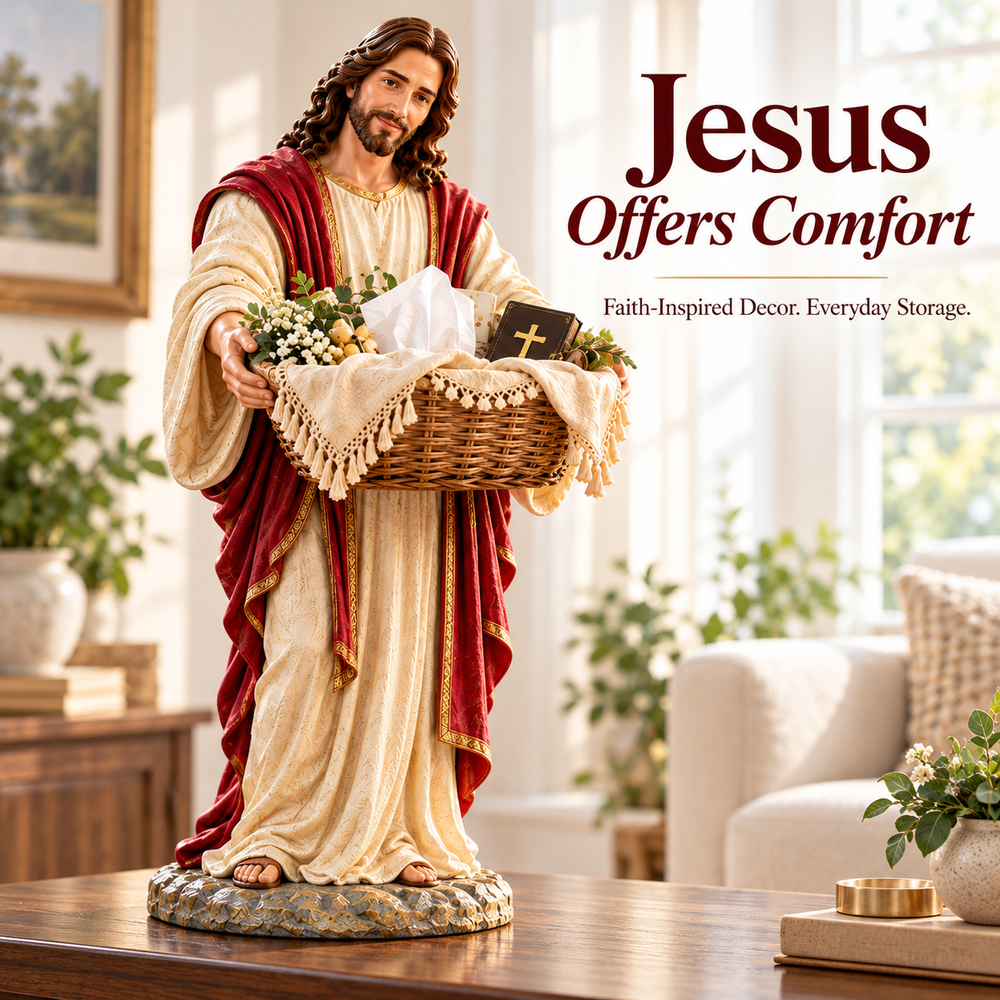 Jesus figurine with decorative woven-style basket in a welcoming home