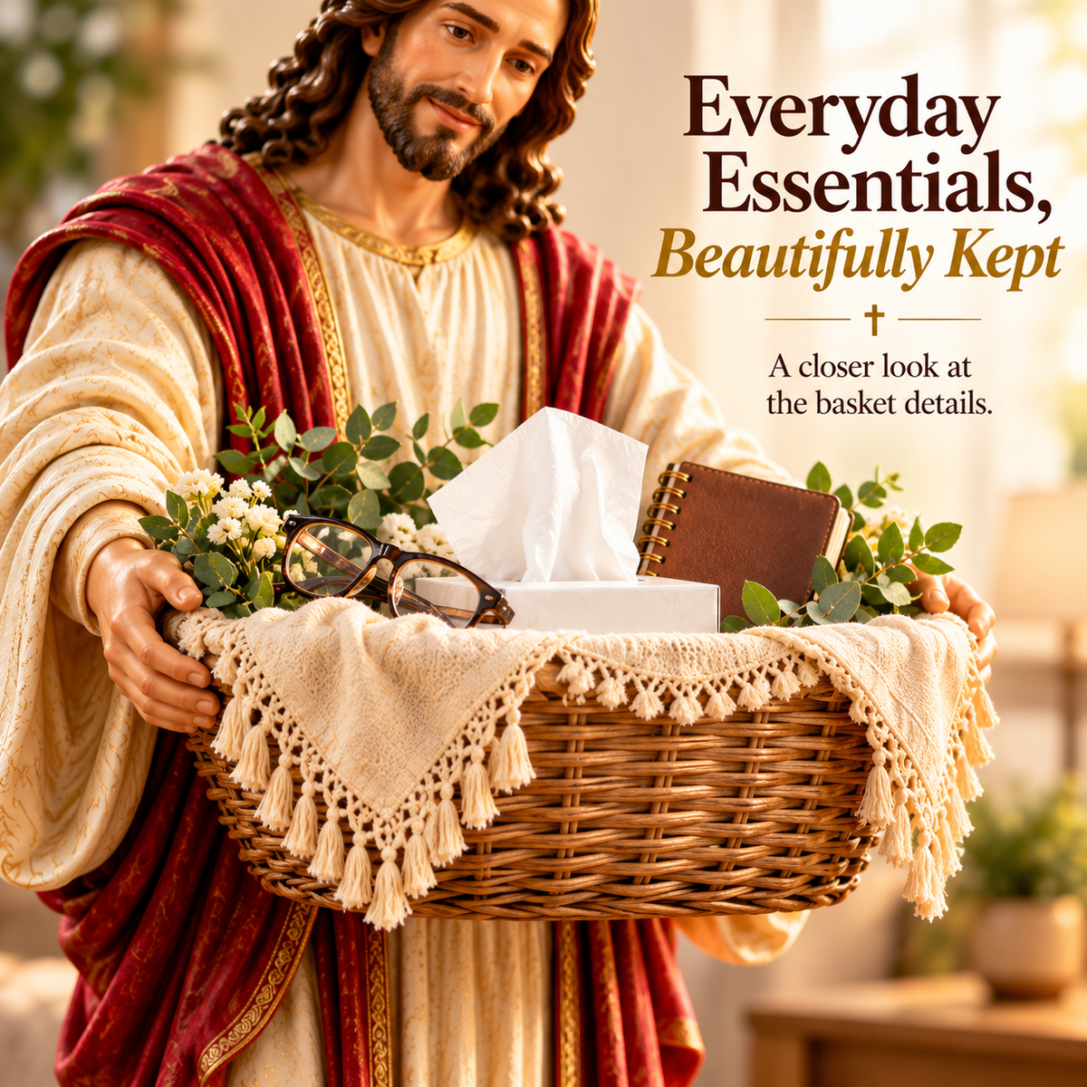 🔥✝️Jesus Figurine with Decorative Basket – Faith & Comfort
