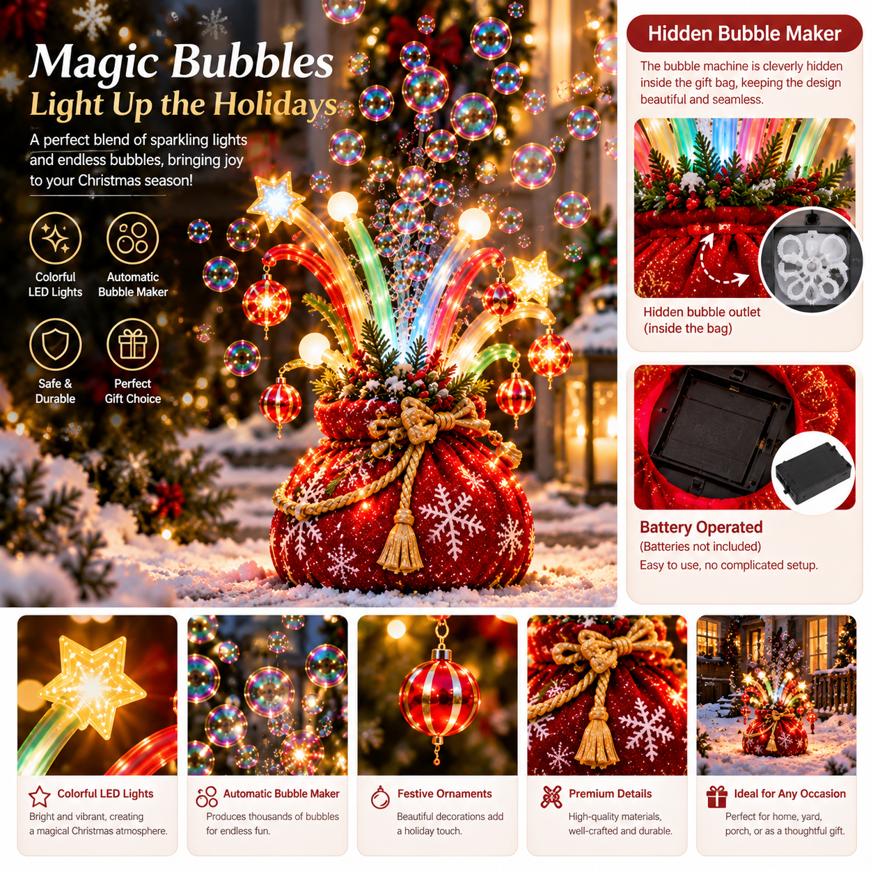 Detailed product graphic showing Christmas lighting, bubble mechanism, and battery compartment
