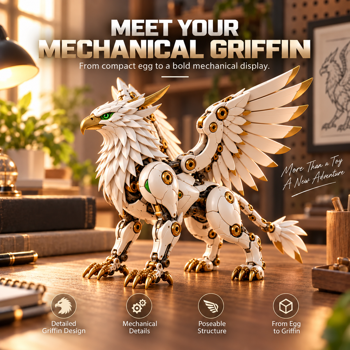 Ivory Griffin displayed on a book in a warm, collector-inspired study.