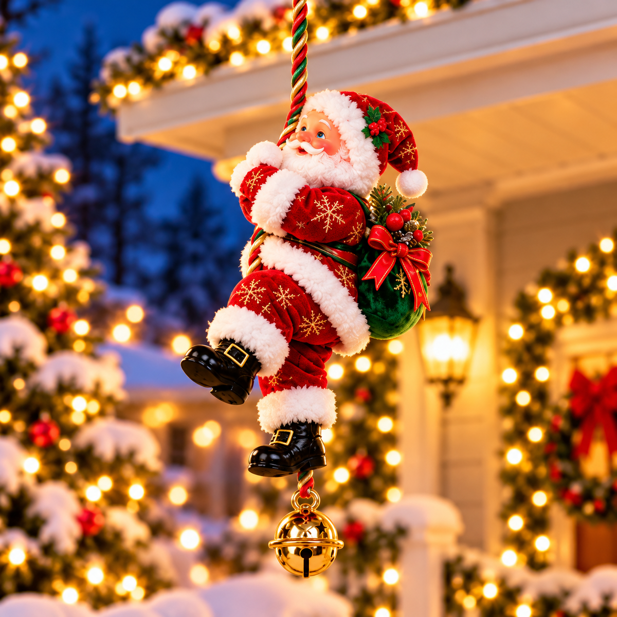 🎅🎄Santa’s Merry Little Climb – Festive Rope Christmas Decor with Gift Sack & Bell✨