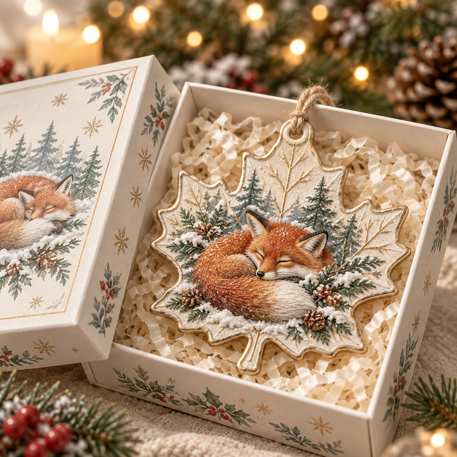 Sleeping fox maple leaf ornament in a Christmas box