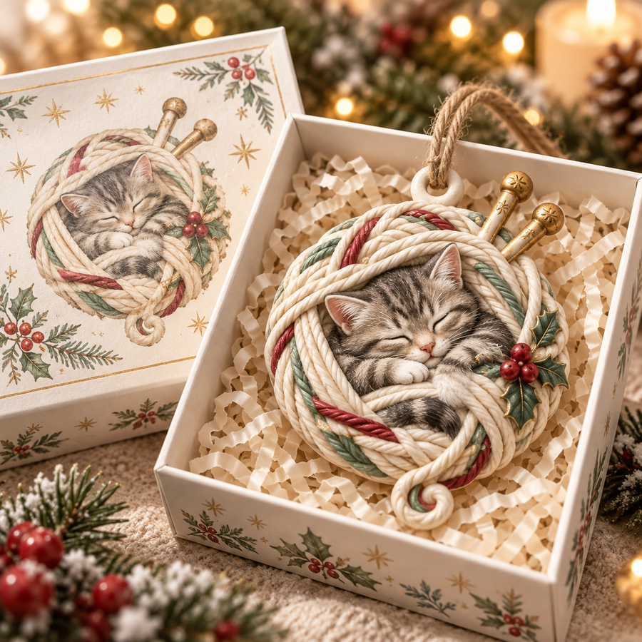 Sleeping kitten yarn ornament in a decorative gift box