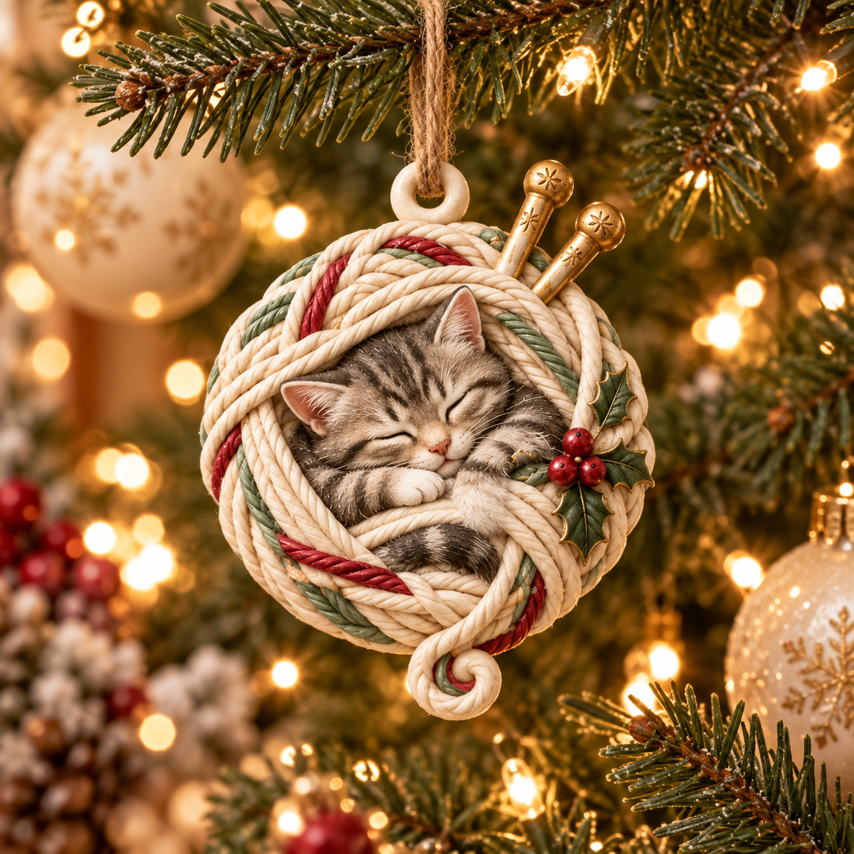 Sleeping kitten yarn ornament hanging on a Christmas tree