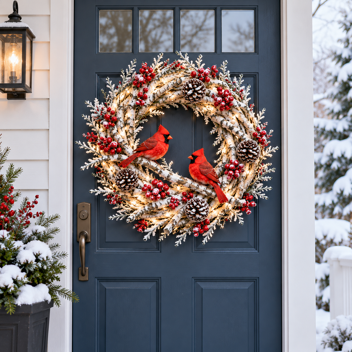 🔥❤️Frosted Woodland Cardinal Wreath – Festive Illuminated Entryway Decor
