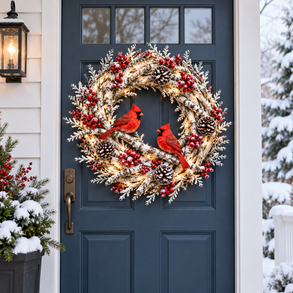 🔥❤️Frosted Woodland Cardinal Wreath – Festive Illuminated Entryway Decor