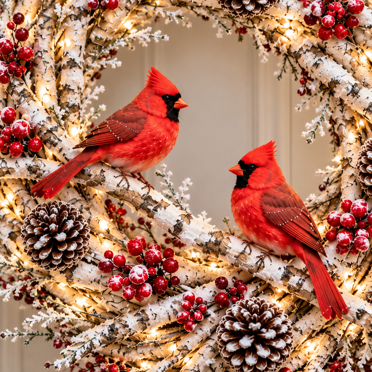 Close view of two red cardinal birds surrounded by frosted white birch branches